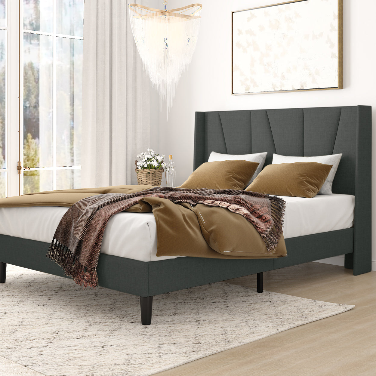 Amolife Full Bed Frame,Upholstered Platform Bed with Wingback and Geometric Headboard