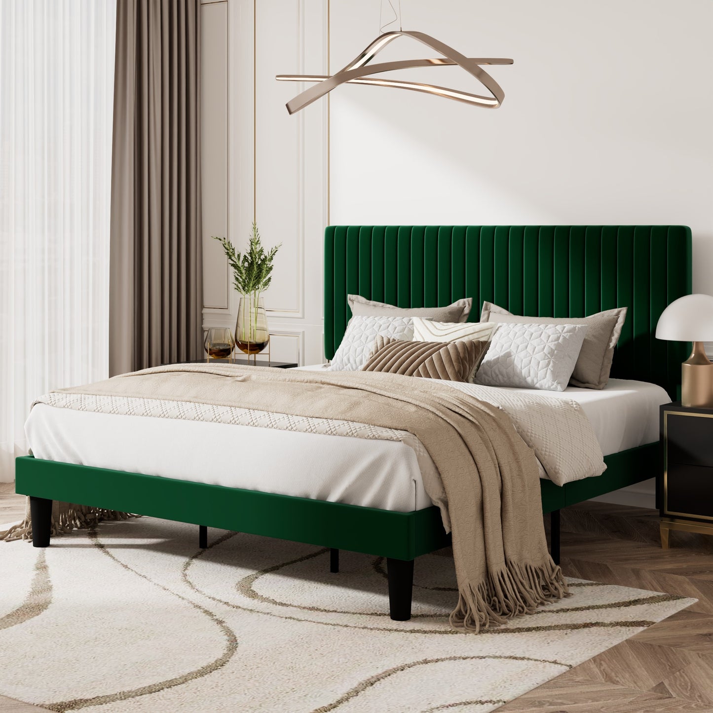 Upholstered Platform Bed Frame with Vertical Channel Tufted Velvet Headboard