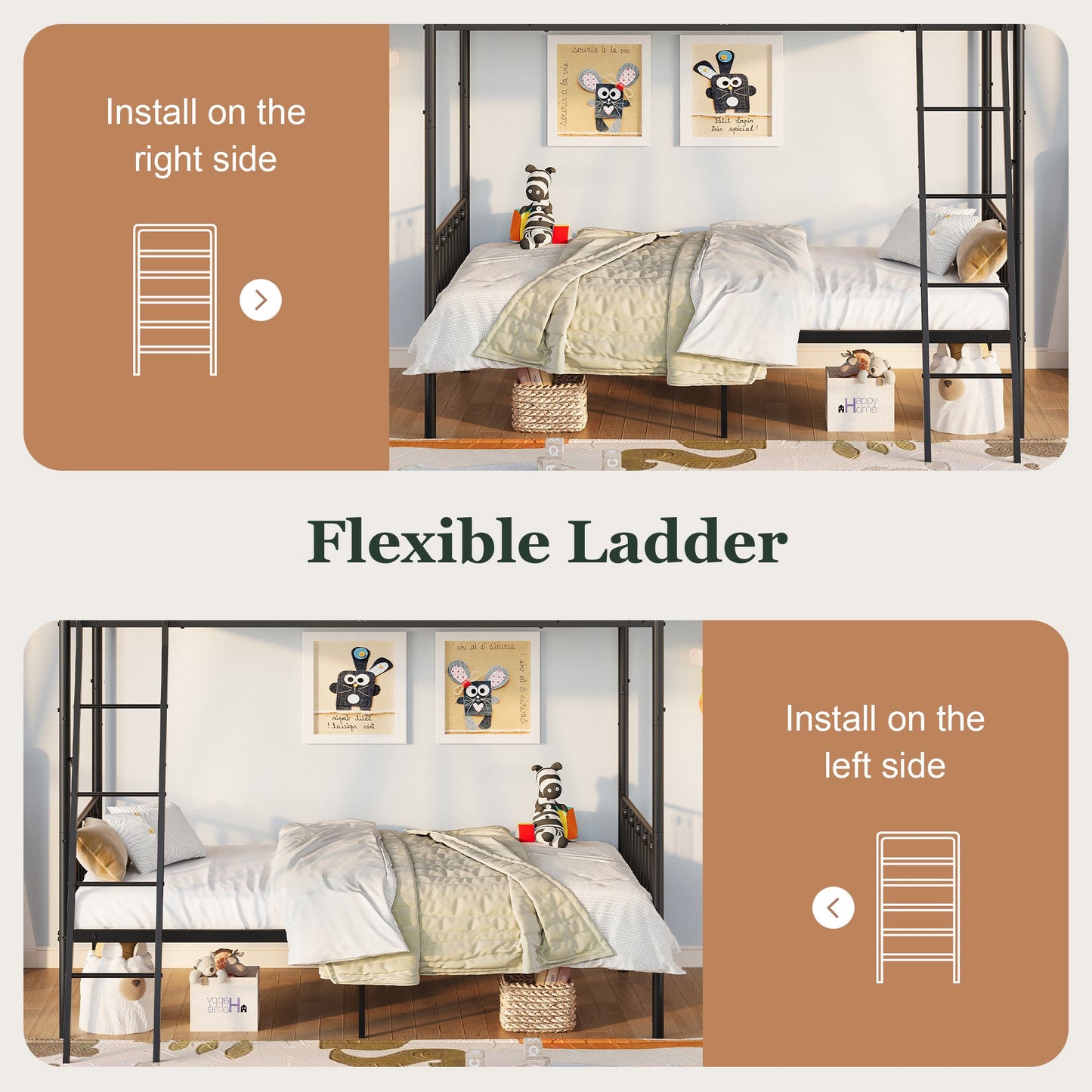 Amolife Twin over Twin Size Metal Bunk Bed with Removable Ladder, Used as Bunk Bed or Two Twin Beds, Full-Length Guardrail