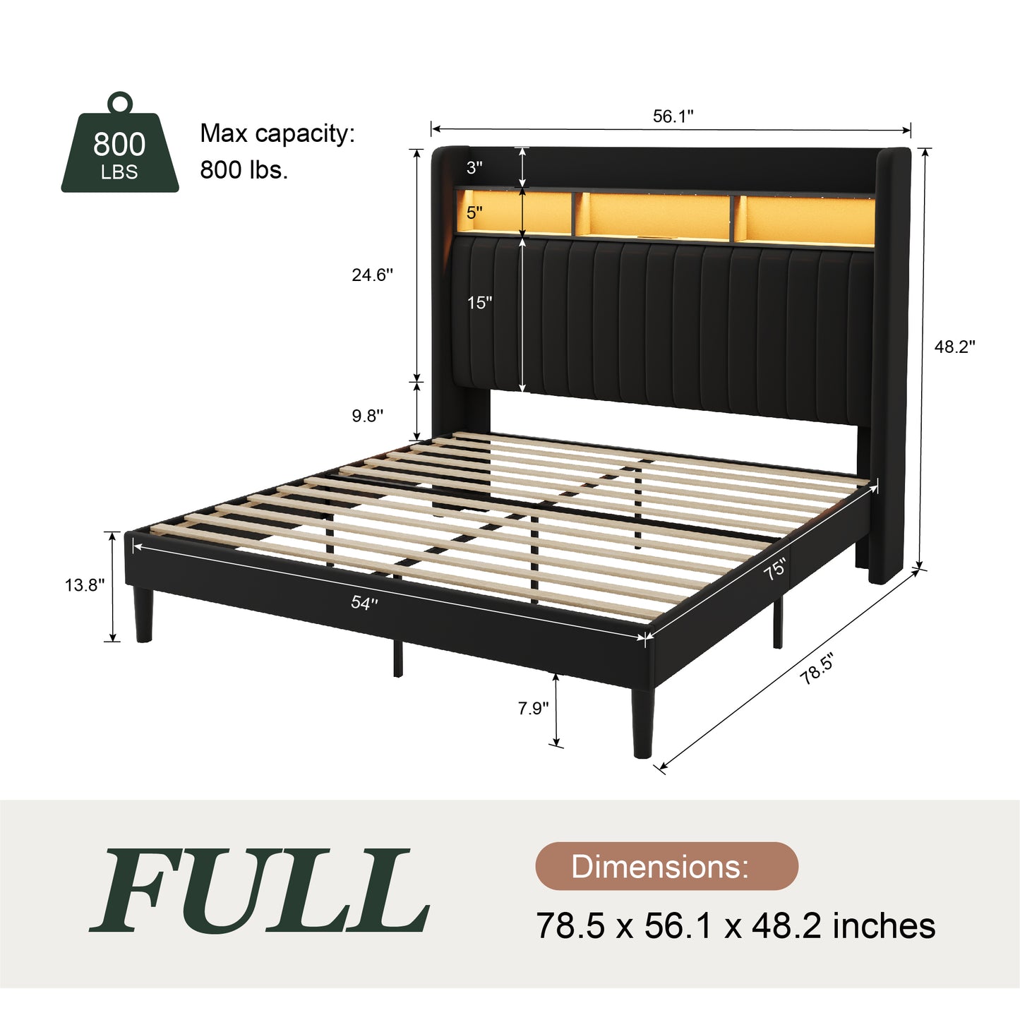 Amolife Bed Frame, RGB LED Lights & Charging Station, Upholstered Wingback Headboard, Noise-Free, No Box Spring Needed