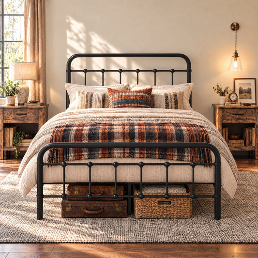 Platform Bed Frame With Vintage Headboard and Footboard