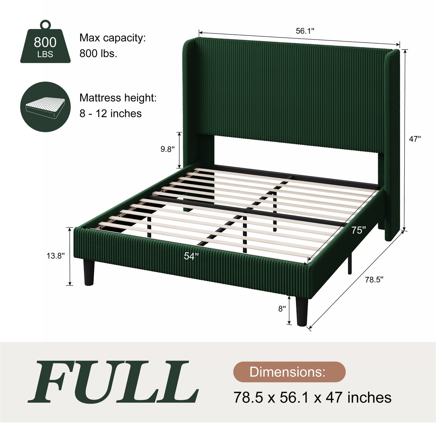 Amolife platform Bed Frame with Upholstered Wingback Headboard, Vertical Channel Tufted Corduroy Velvet