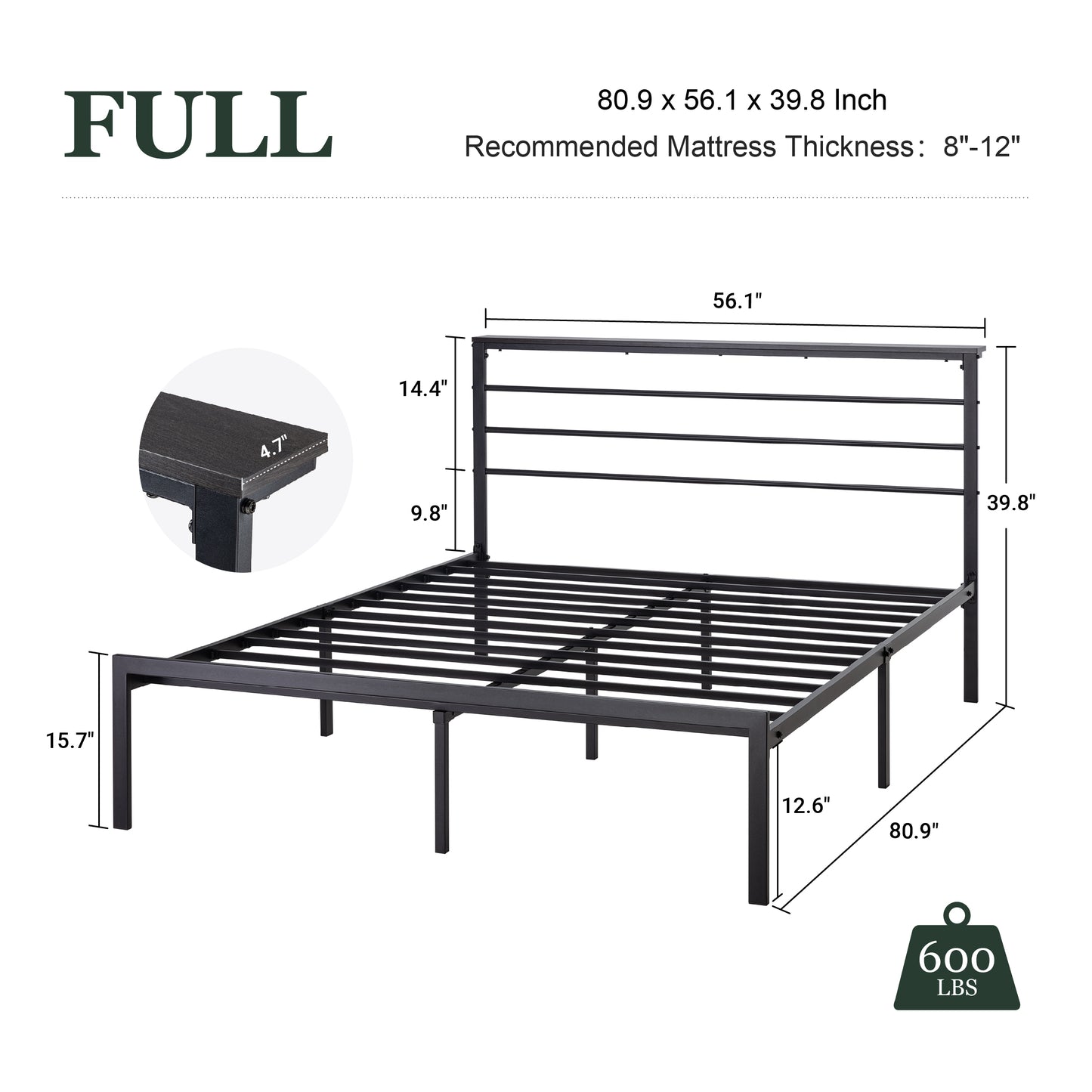 Queen Size Metal Bed Frame with Headboard Shelf, Black Oak