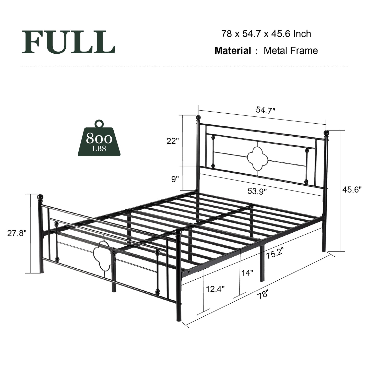 Queen Size Metal Bed Frame with Vintage Cross Pattern Headboard and Footboard, Black