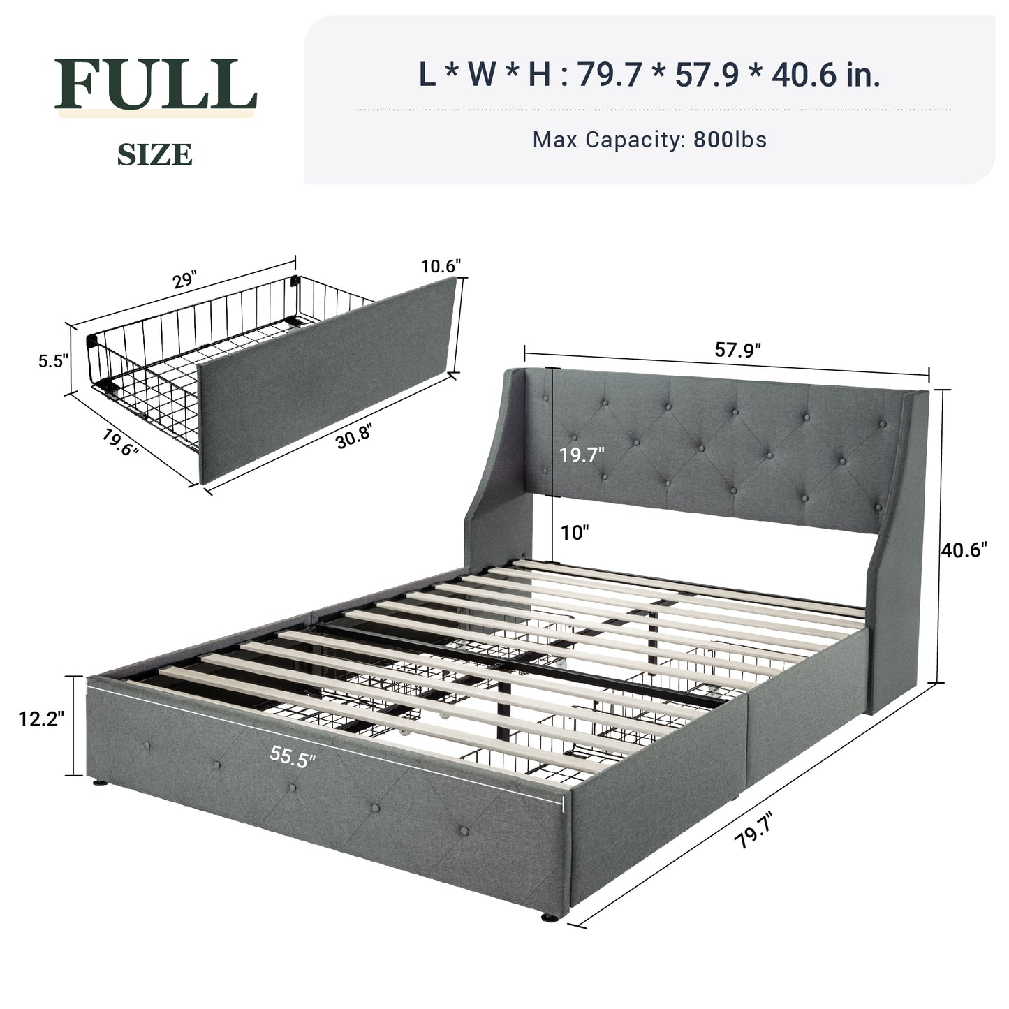 Queen Size Platform Bed Frame with 4 Storage Drawers and Wingback Headboard, Diamond Stitched Button Tufted Style, Dark Gray