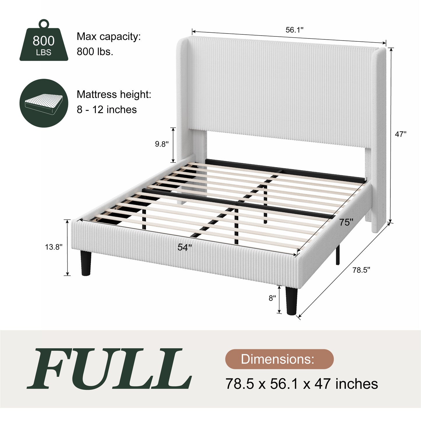 Amolife platform Bed Frame with Upholstered Wingback Headboard, Vertical Channel Tufted Corduroy Velvet