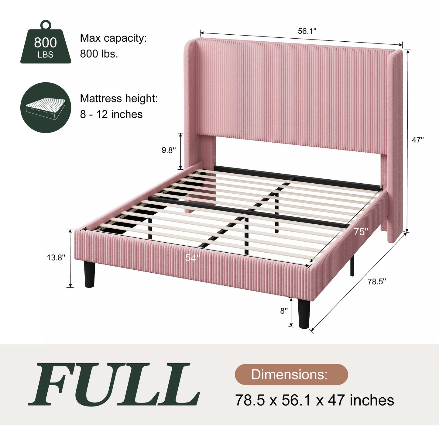 Amolife platform Bed Frame with Upholstered Wingback Headboard, Vertical Channel Tufted Corduroy Velvet