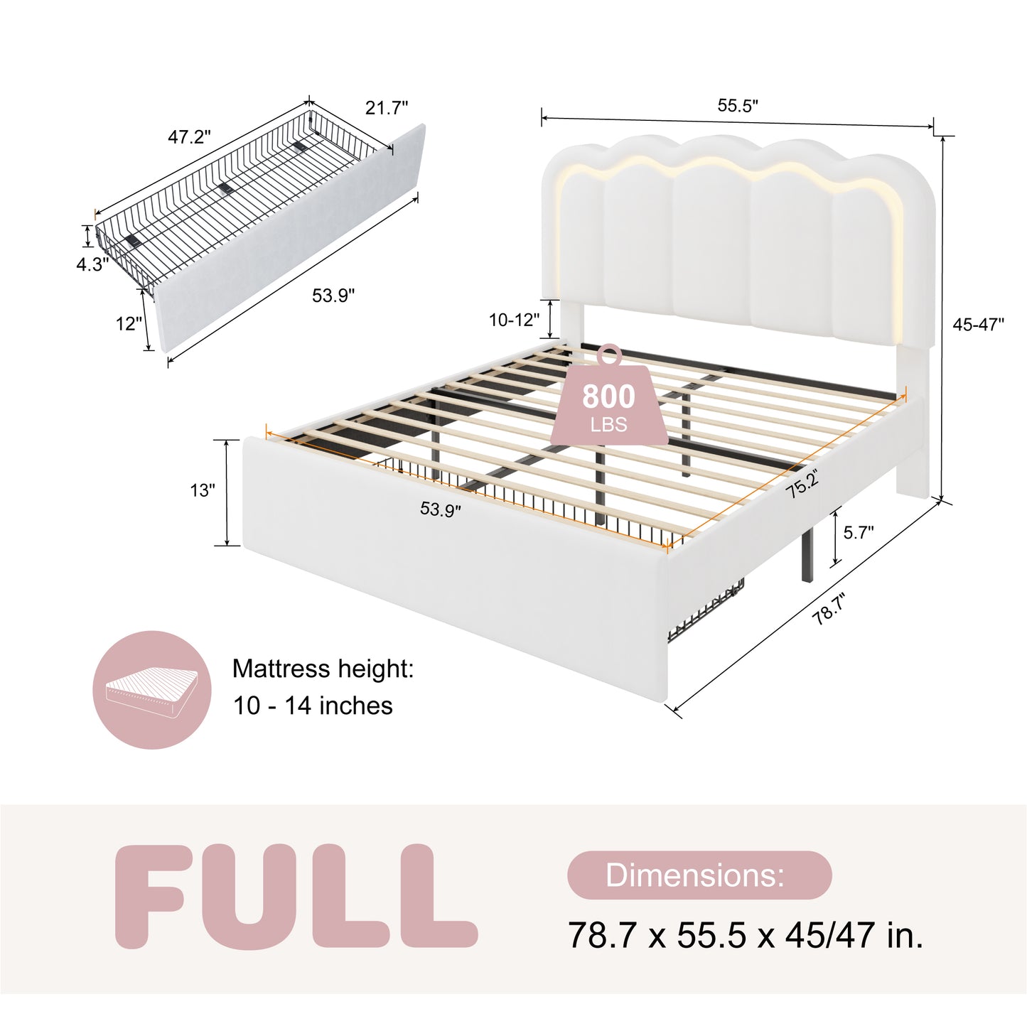 Amolife LED Bed Frame with Drawer, Velvet Upholstered Platform Bed Frame with Adjustable Wavy Headboard