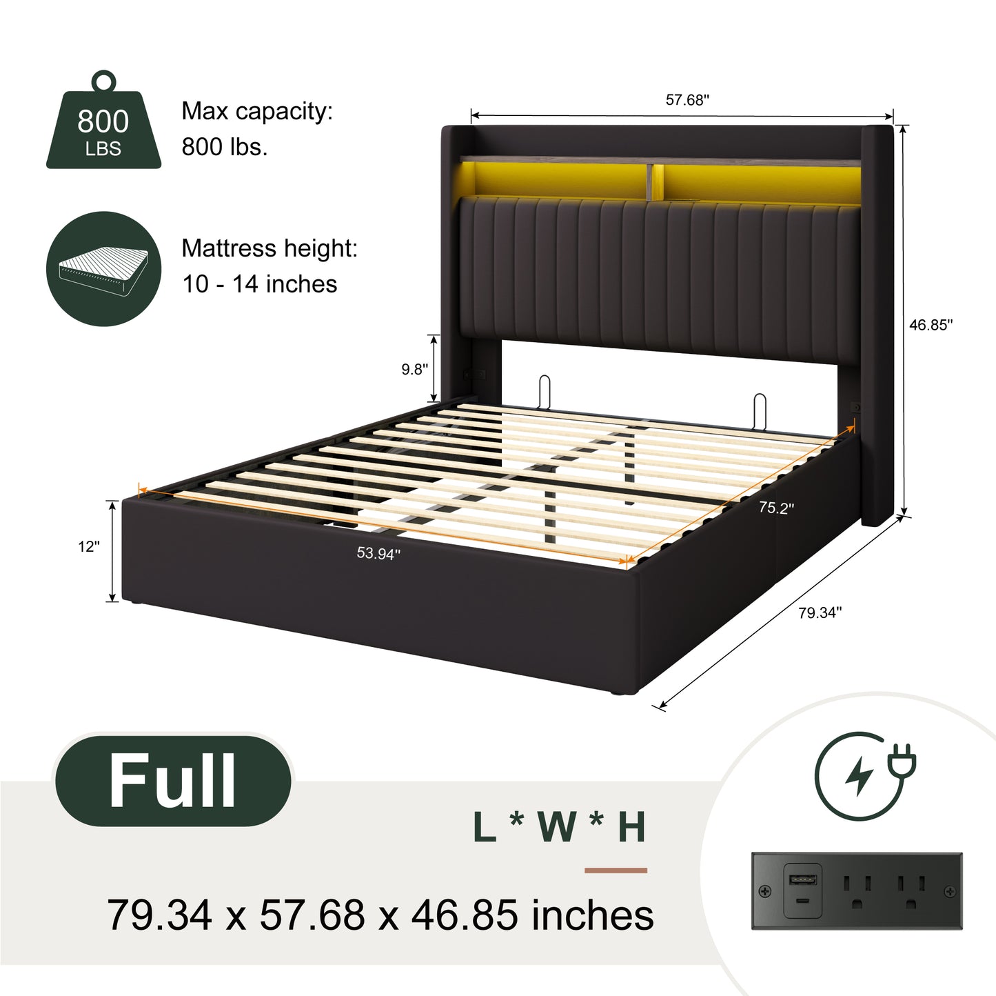 Amolife Hydraulic Lift-Up Storage Bed Frame, LED Headboard with Fast Charging (USB/Type-C), 2-Tier Shelves & Velvet Upholstered