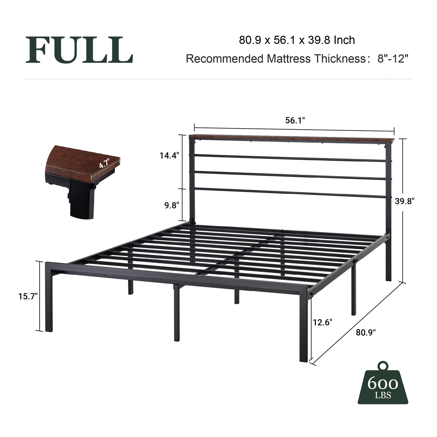 Queen Size Metal Bed Frame with Headboard Shelf, Black Oak