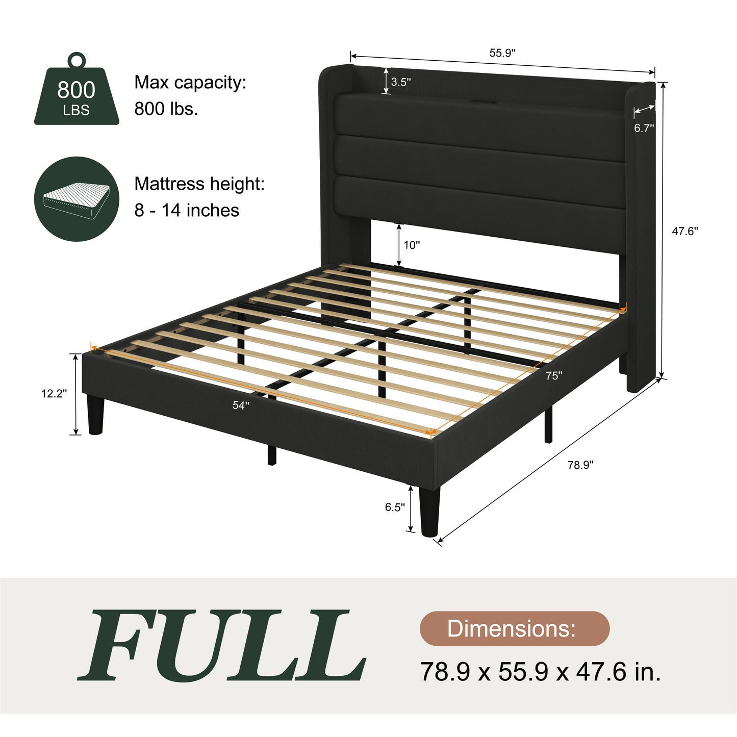 Amolife Platform Bed Frame with Upholstered Velvet Wingback Slat Headboard & Built-In Charging Station