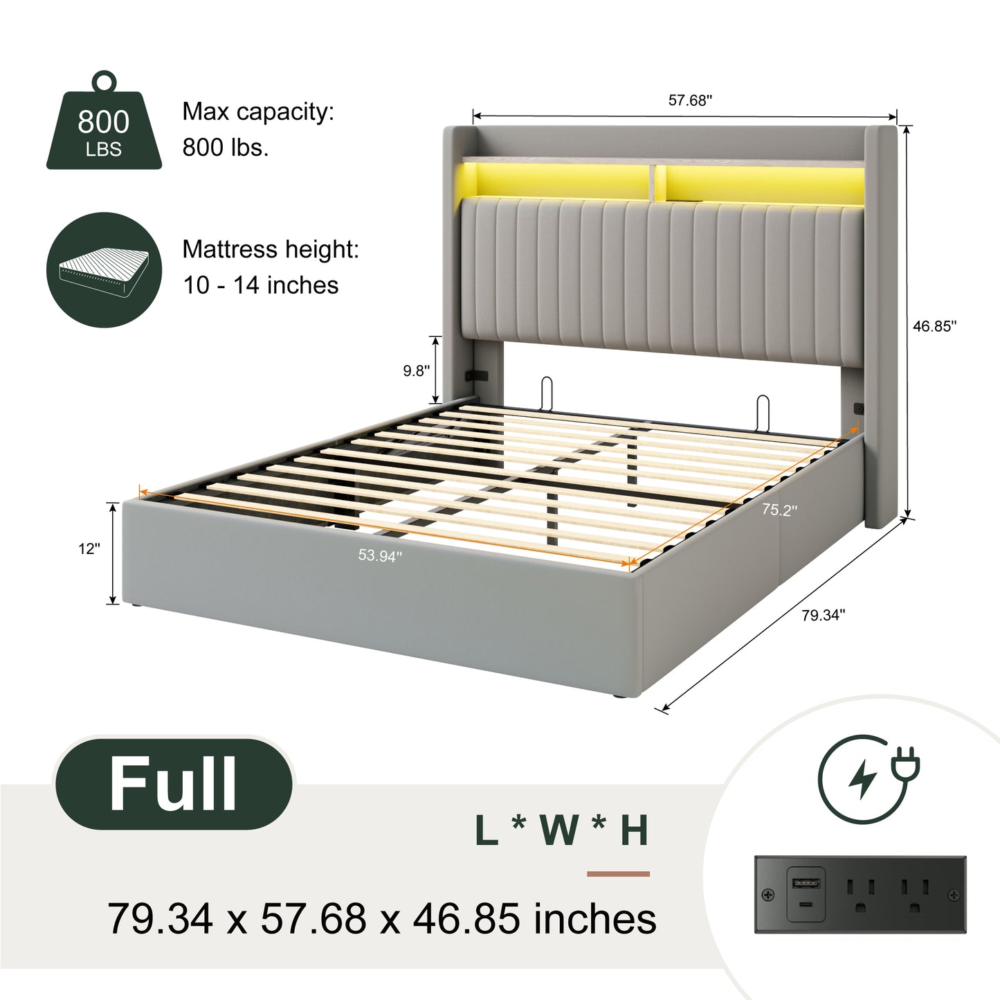 Amolife Hydraulic Lift-Up Storage Bed Frame, LED Headboard with Fast Charging (USB/Type-C), 2-Tier Shelves & Velvet Upholstered