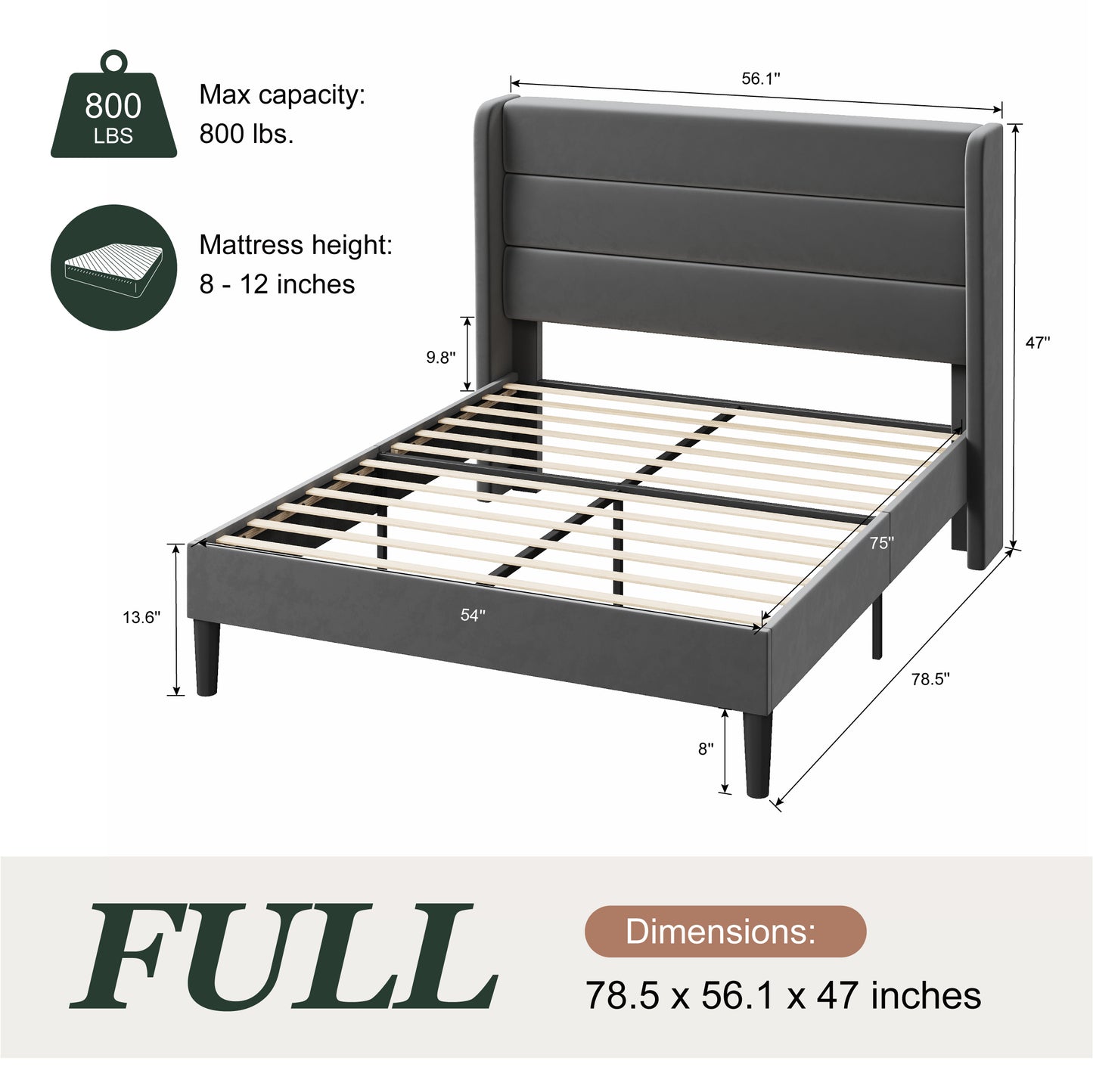 Amolife Platform Bed Frame with Velvet Upholstered Wingback Headboard