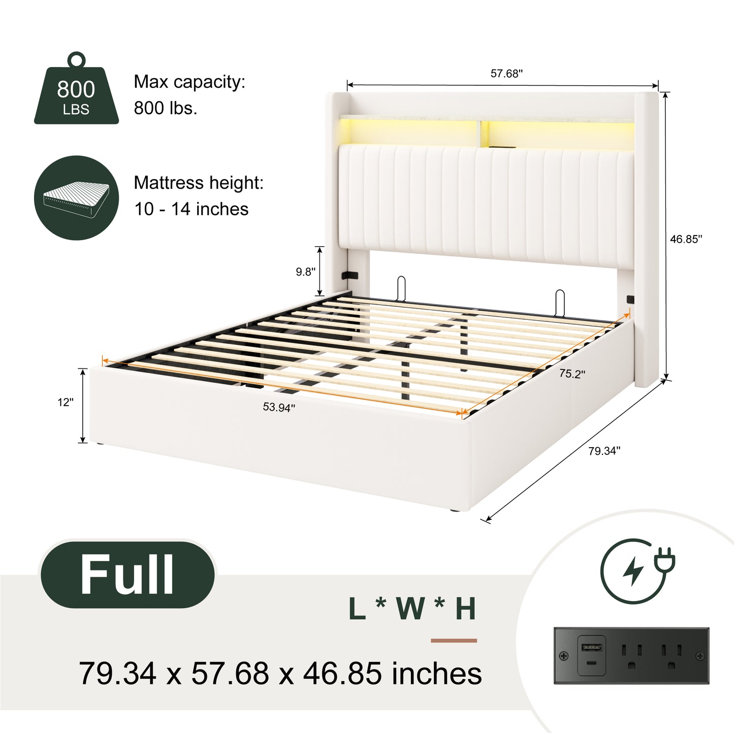 Amolife Hydraulic Lift-Up Storage Bed Frame, LED Headboard with Fast Charging (USB/Type-C), 2-Tier Shelves & Velvet Upholstered