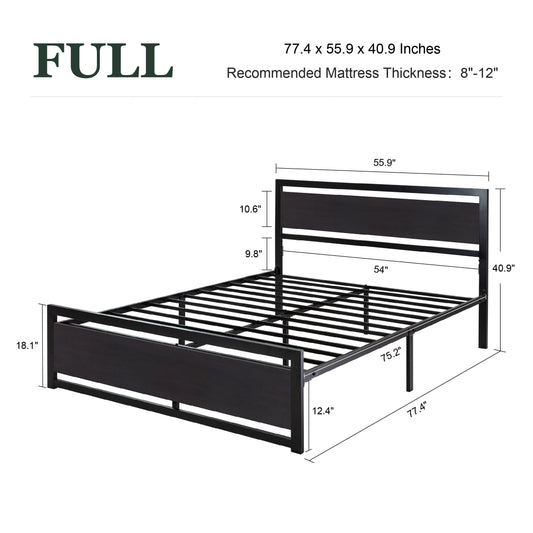 Heavy Duty Platform Bed, Metal Bed Frame with Modern Wooden Headboard & Footboard