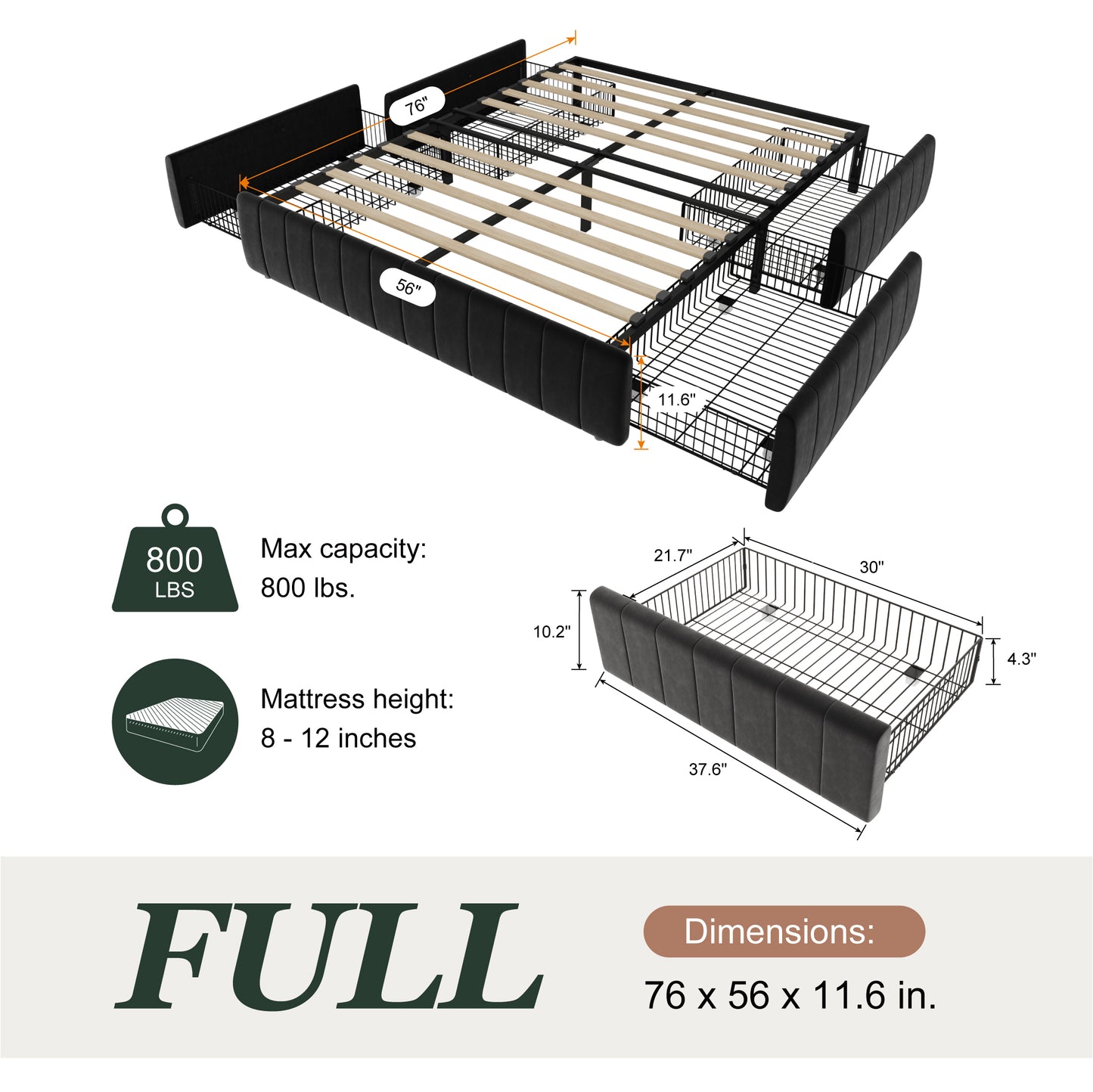 Amolife Bed Frame, Platform Storage Bed with 4 Large Velvet Storage Drawers, Wooden Slats