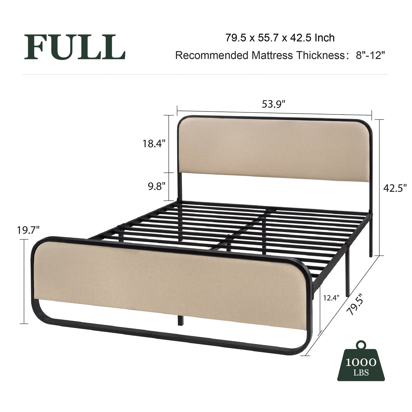 Queen Size Platform Bed Frame with Curved Upholstered Headboard and Footboard, Beige