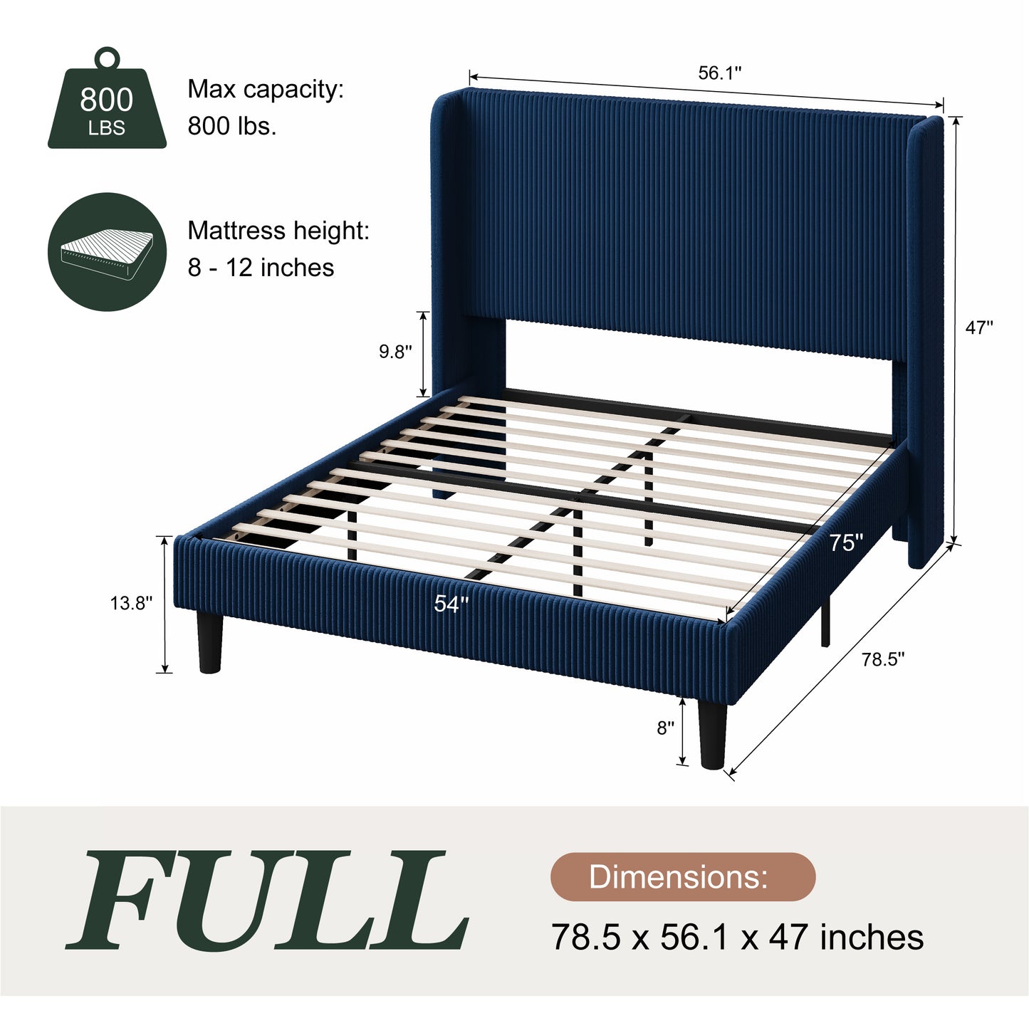 Amolife platform Bed Frame with Upholstered Wingback Headboard, Vertical Channel Tufted Corduroy Velvet