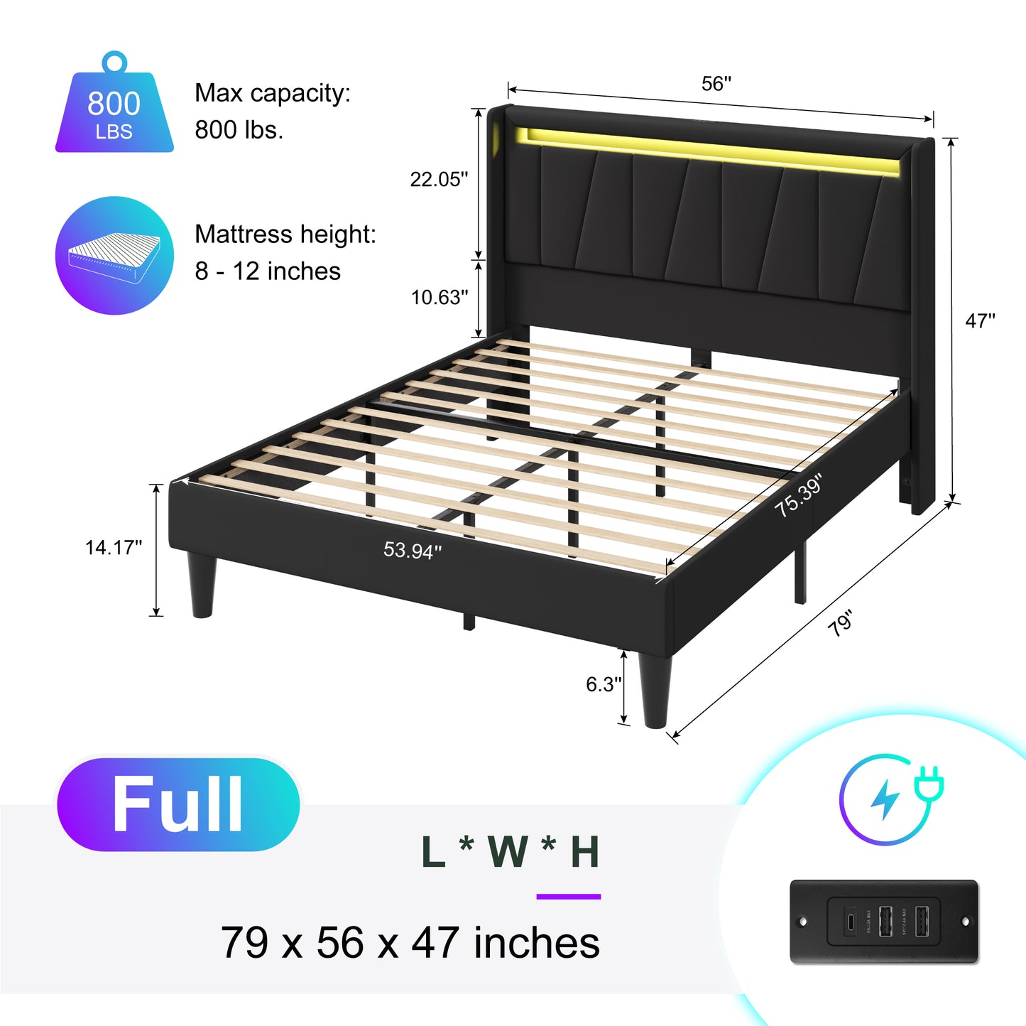 Amolife Bed Frame with Charging Station & LED Light, Velvet Upholstered Platform Bed with Geometric Wingback Headboard