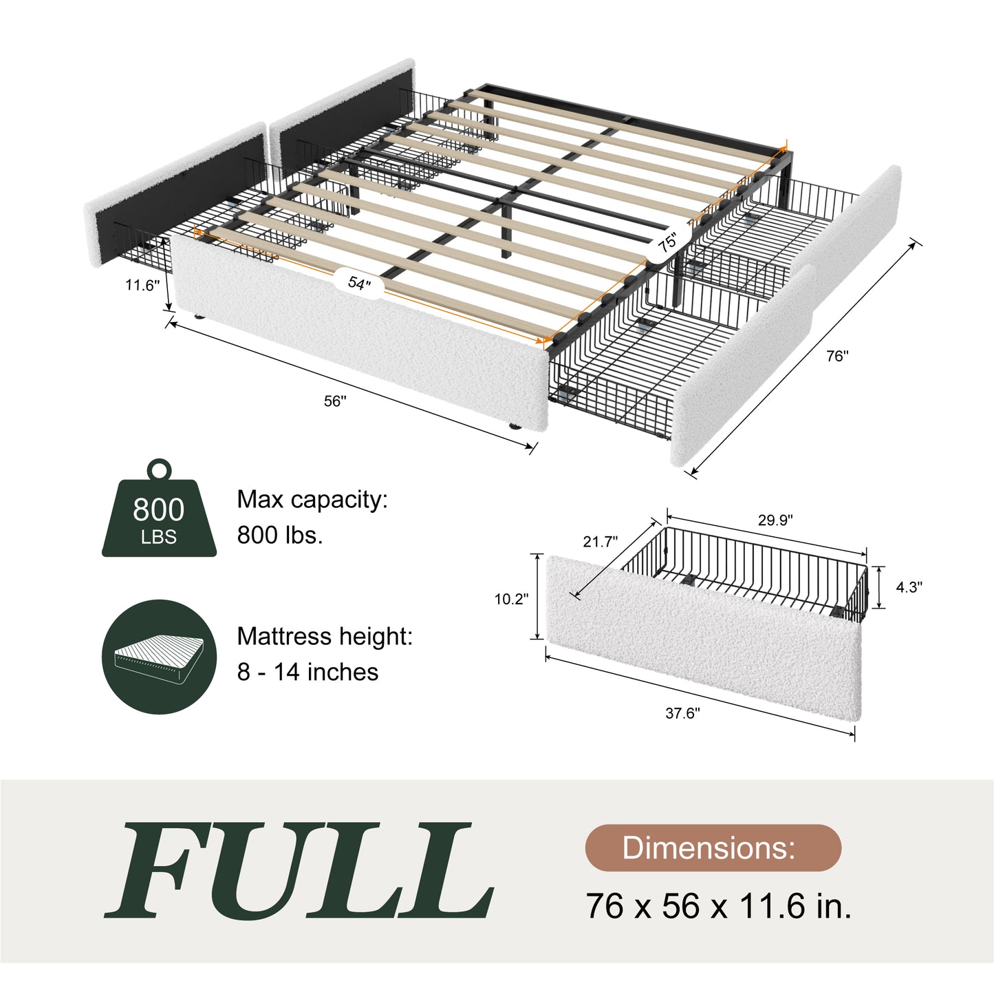 Amolife Platform Bed Frame with Plush Boucle Upholstery & 4 Storage Drawers