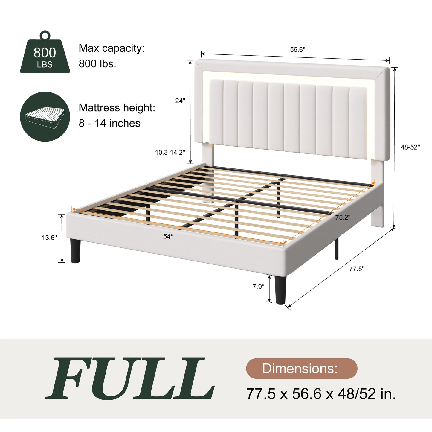 Amolife Bed Frame, Platform Bed with LED Light Velvet Vertical Channel Upholstered Headboard