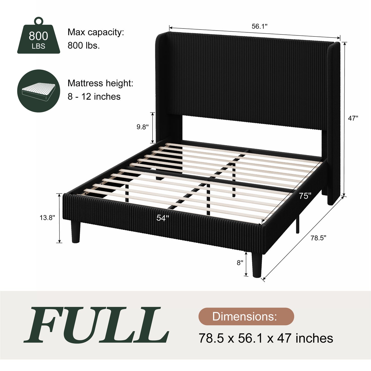 Amolife platform Bed Frame with Upholstered Wingback Headboard, Vertical Channel Tufted Corduroy Velvet