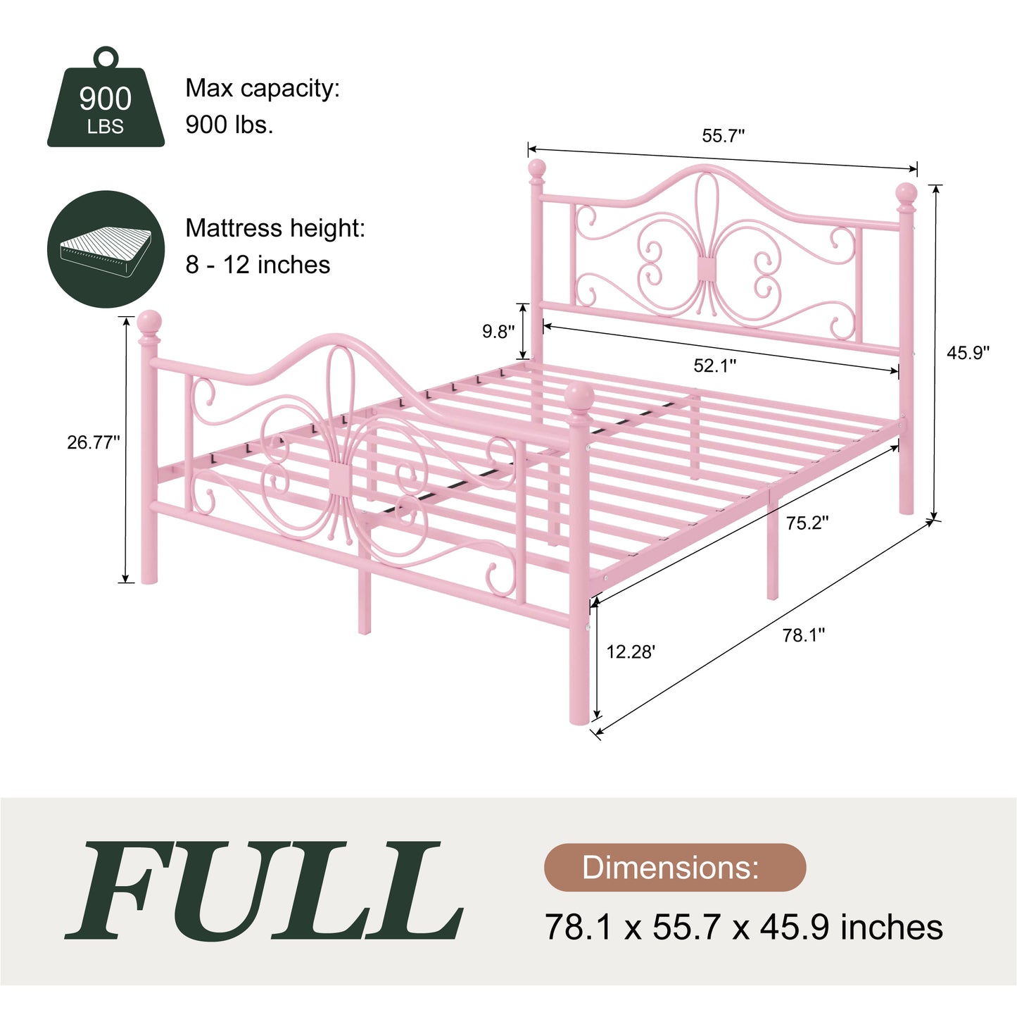 Amolife Metal Platform Bed Frame With Vintage Butterfly Pattern Headboard&Footboard