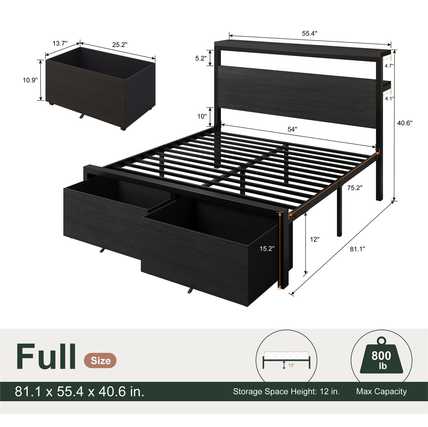 Amolife Storage Bed Frame, 2 Storage Drawers, 2-Tier Shelf Wood Headboard with Charging Station & LED Light, Black