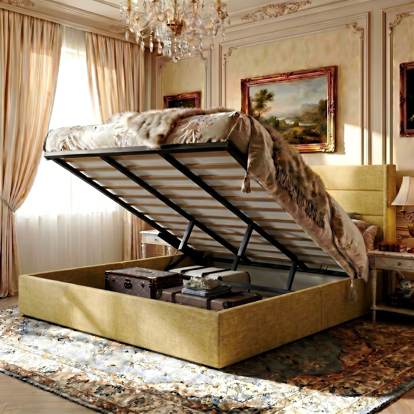 Amolife Lift Up Storage Bed Frame With Upholstered Wingback Headboard, Hydraulic Support, No Box Spring Needed