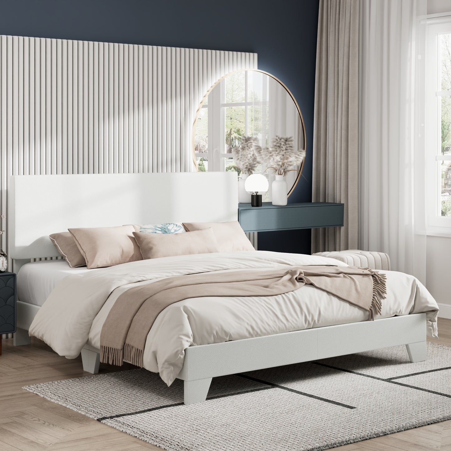 Amolife Faux Leather Platform Bed Frame with Adjustable Headboard
