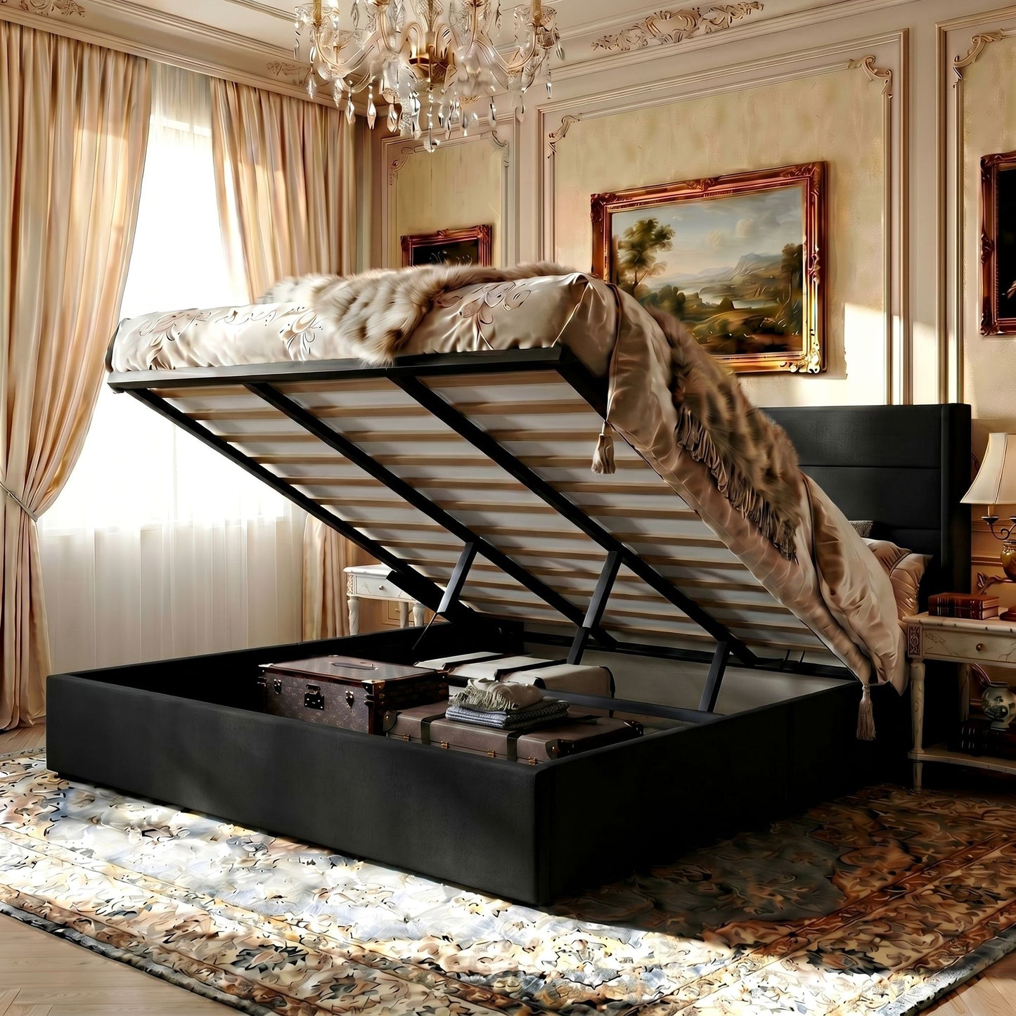 Amolife Lift Up Storage Bed Frame With Upholstered Wingback Headboard, Hydraulic Support, No Box Spring Needed