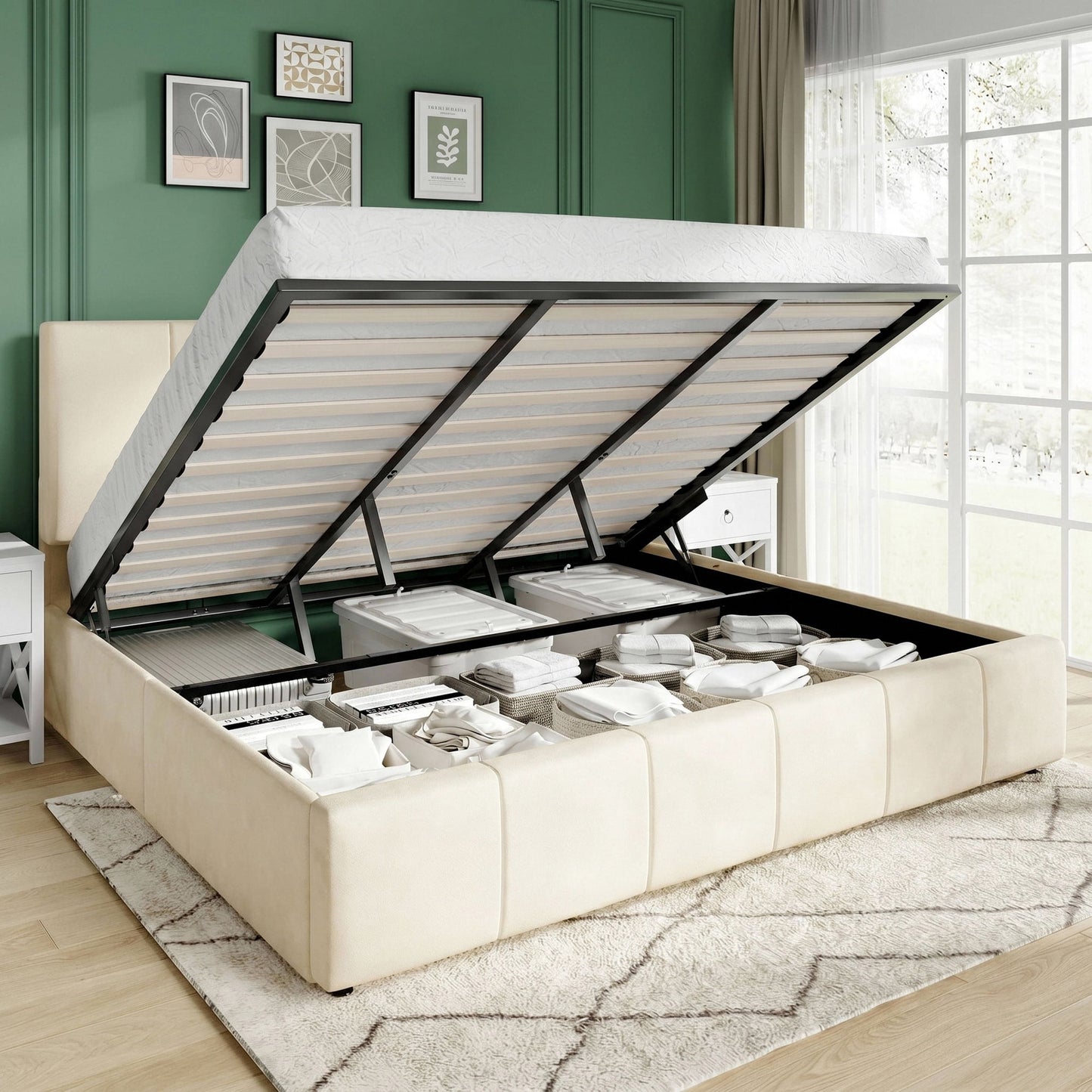 Amolife Lift Up Storage Bed Frame, Velvet Upholstered Platform Bed with Adjustable Channel Headboard