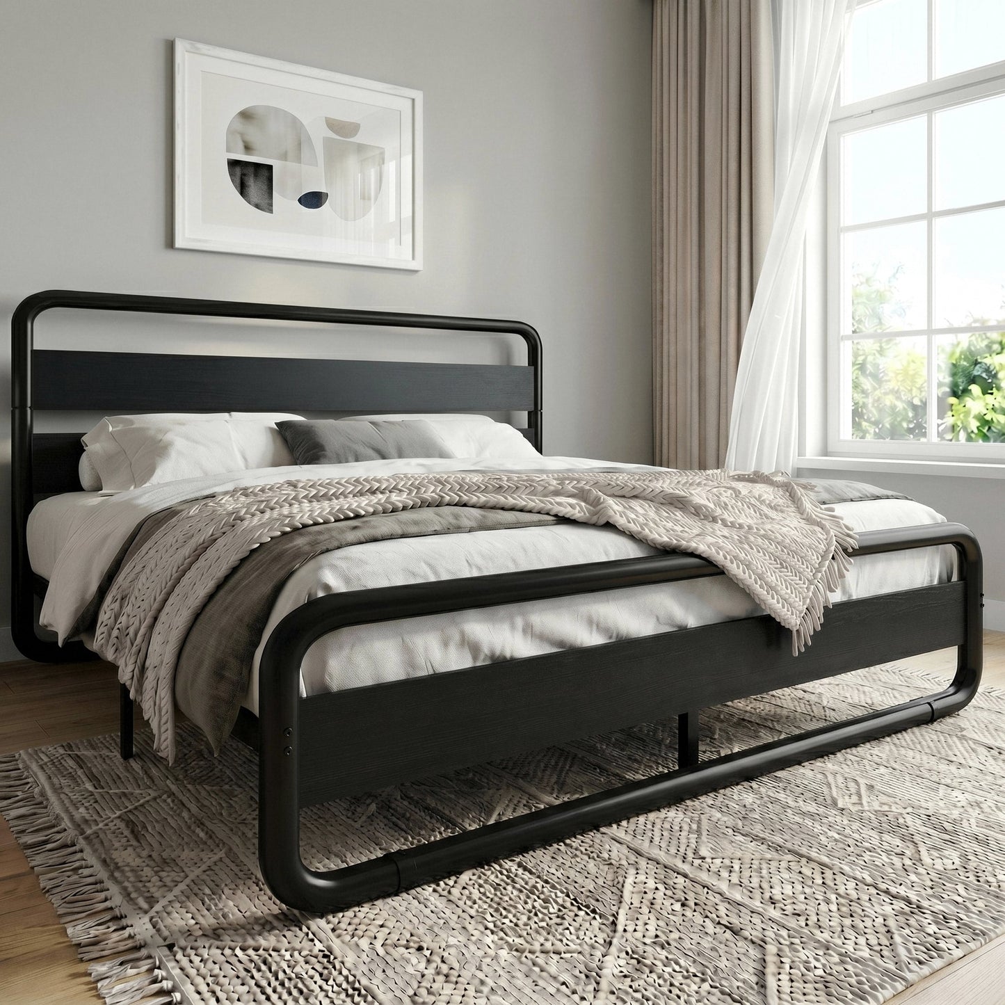 Amolife Bed Frame with Rounded-Edge Headboard and Footboard, Sturdy Construction, No Box Spring Required