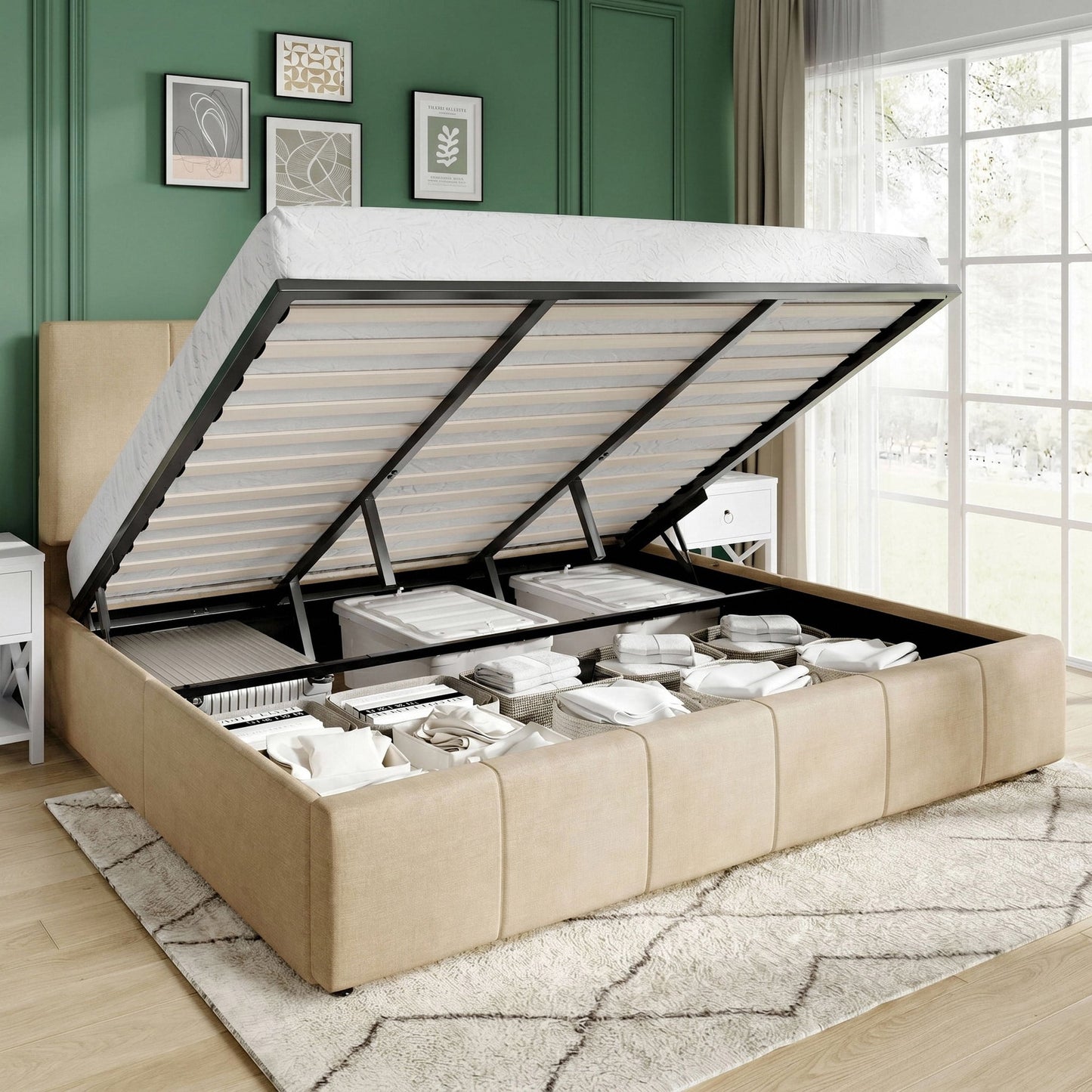Amolife Lift Up Storage Bed Frame, Velvet Upholstered Platform Bed with Adjustable Channel Headboard