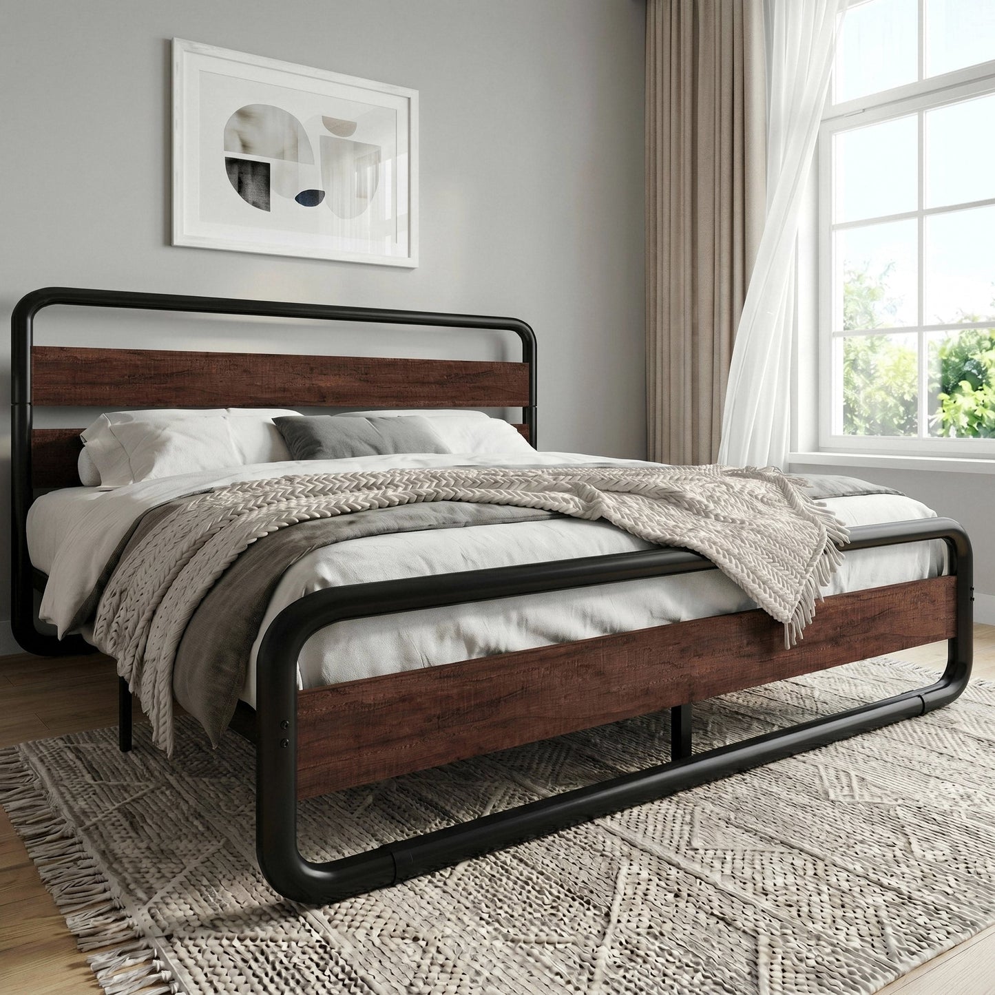 Amolife Bed Frame with Rounded-Edge Headboard and Footboard, Sturdy Construction, No Box Spring Required