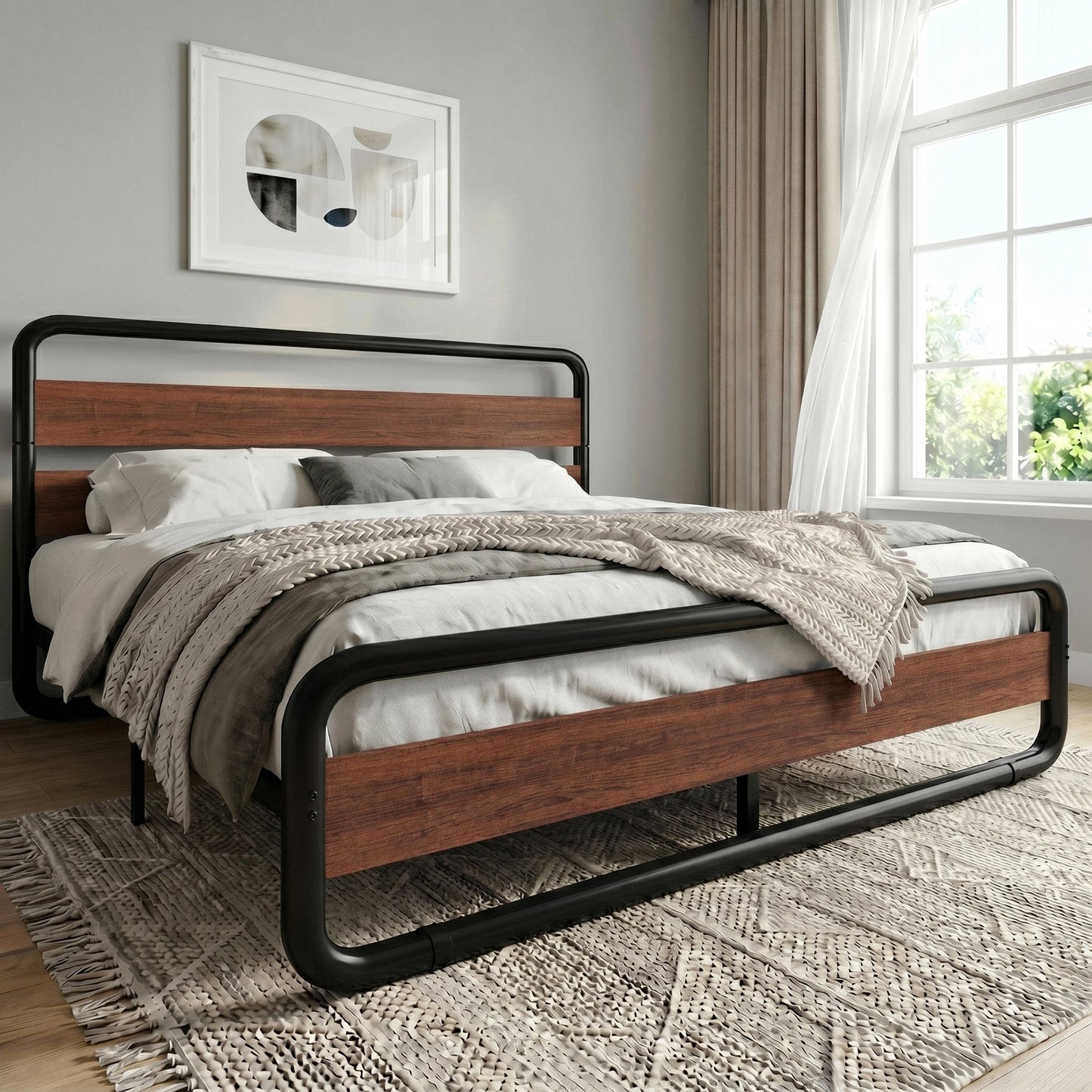 Amolife Bed Frame with Rounded-Edge Headboard and Footboard, Sturdy Construction, No Box Spring Required