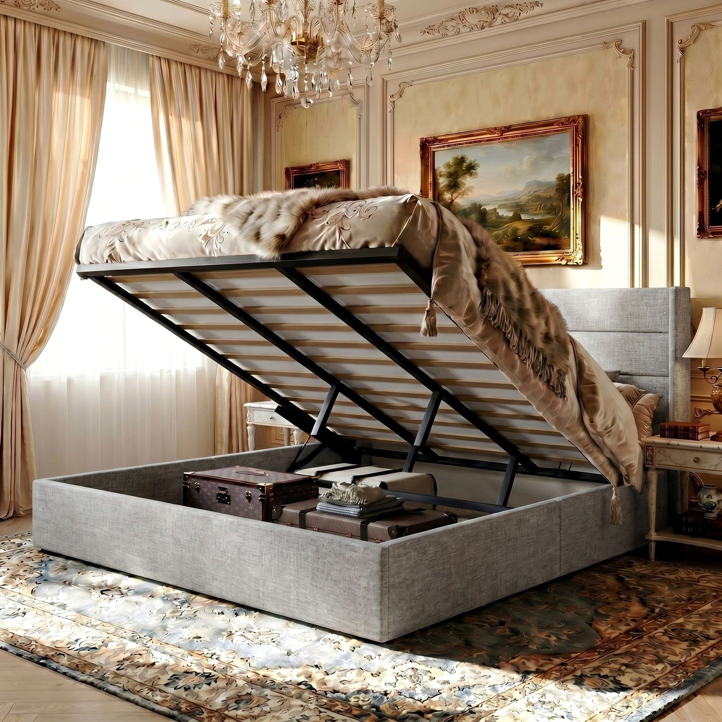 Amolife Lift Up Storage Bed Frame With Upholstered Wingback Headboard, Hydraulic Support, No Box Spring Needed