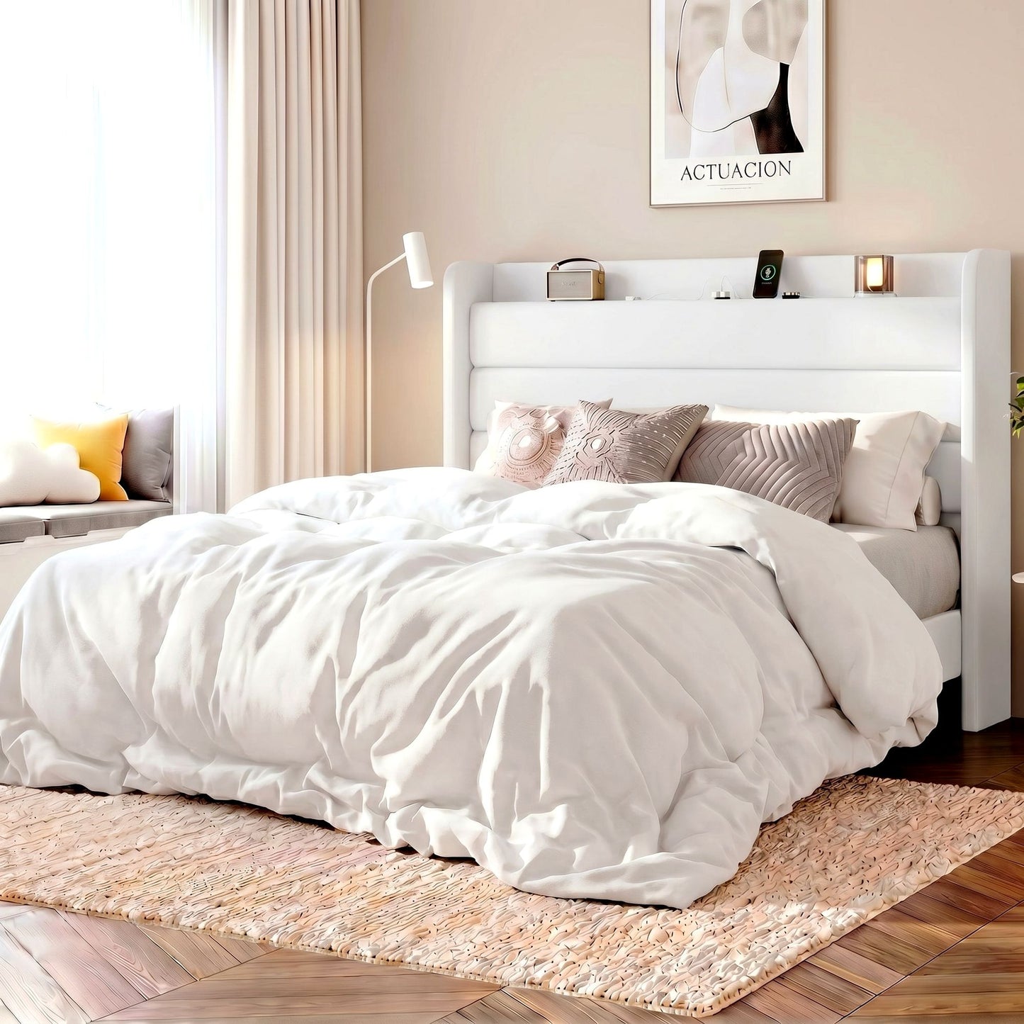 Amolife Platform Bed Frame with Upholstered Velvet Wingback Slat Headboard & Built-In Charging Station