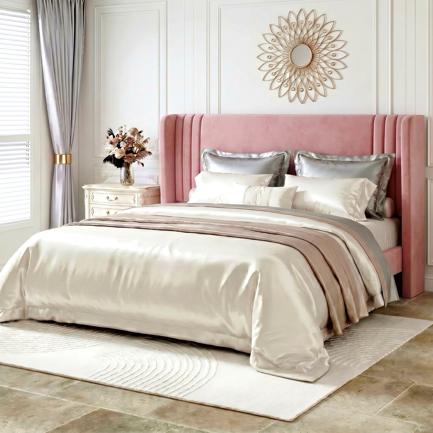 Amolife Bed Frame, Velvet Platform Bed with Upholstered Wingback Headboard