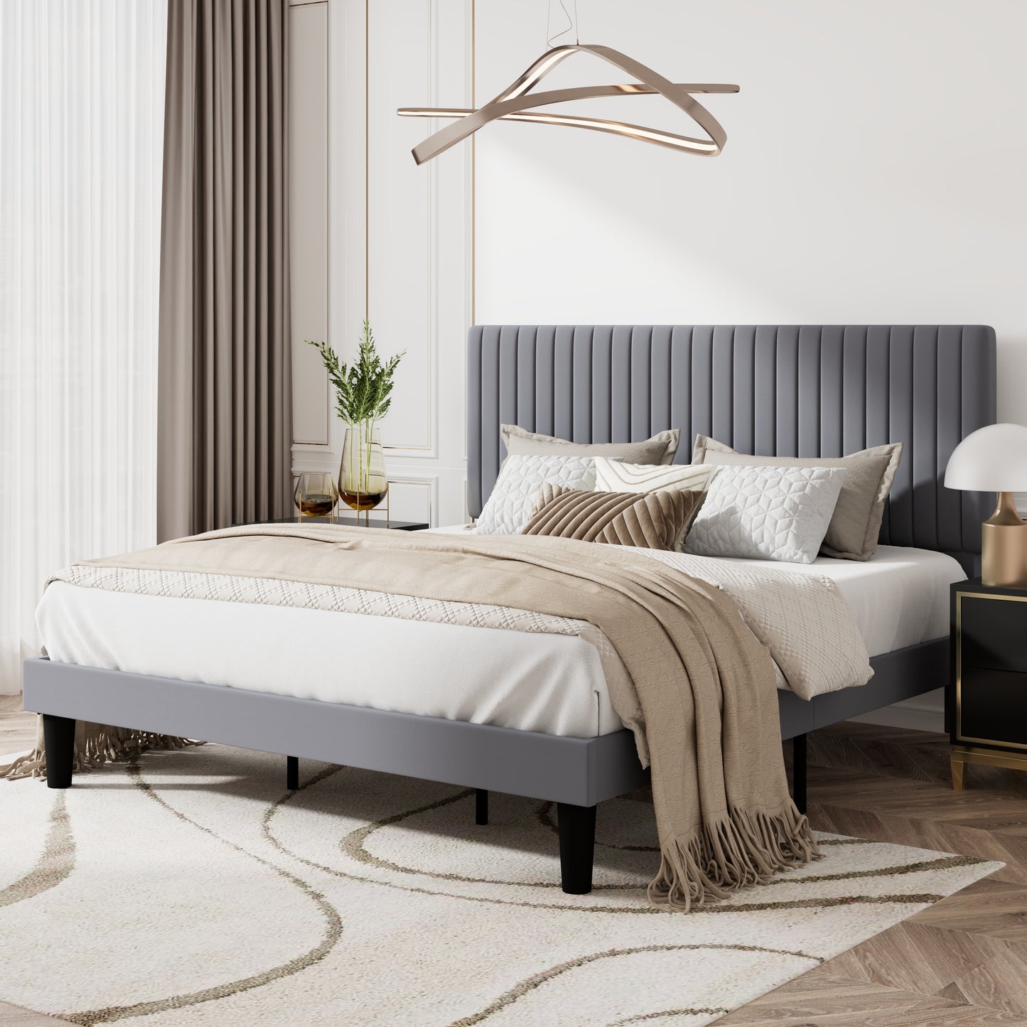 Upholstered Platform Bed Frame with Vertical Channel Tufted Velvet Headboard