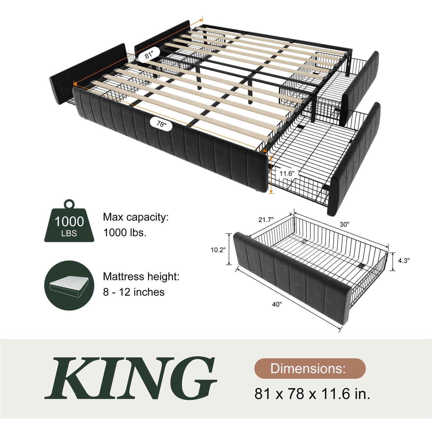 Amolife Bed Frame, Platform Storage Bed with 4 Large Velvet Storage Drawers, Wooden Slats