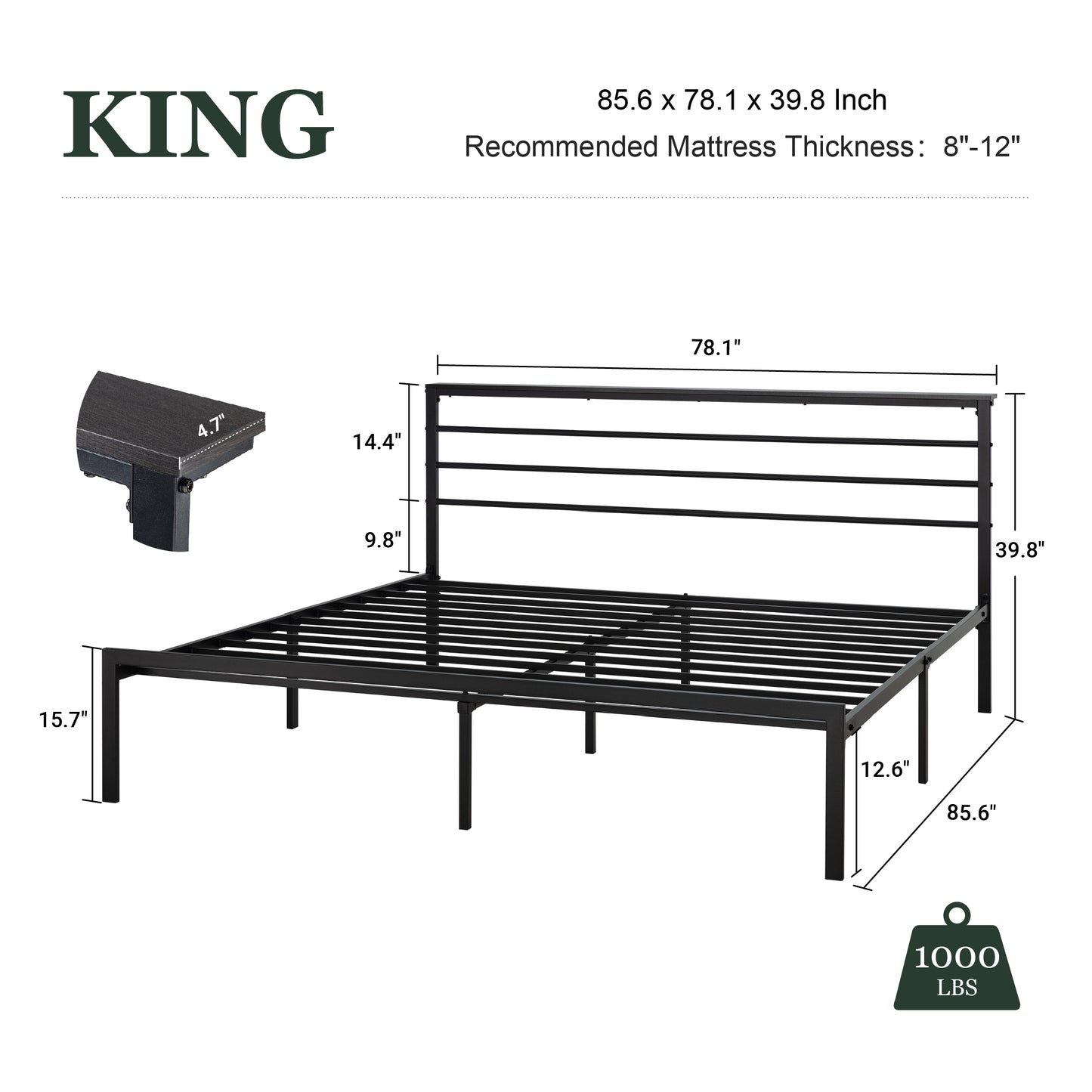 Queen Size Metal Bed Frame with Headboard Shelf, Black Oak