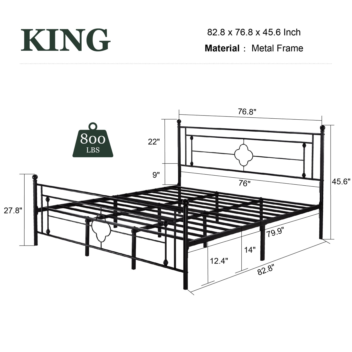 Queen Size Metal Bed Frame with Vintage Cross Pattern Headboard and Footboard, Black
