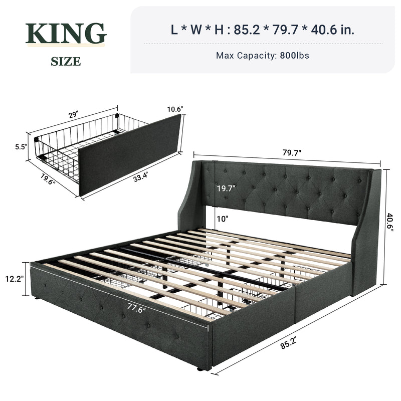 Queen Size Platform Bed Frame with 4 Storage Drawers and Wingback Headboard, Diamond Stitched Button Tufted Style, Dark Gray