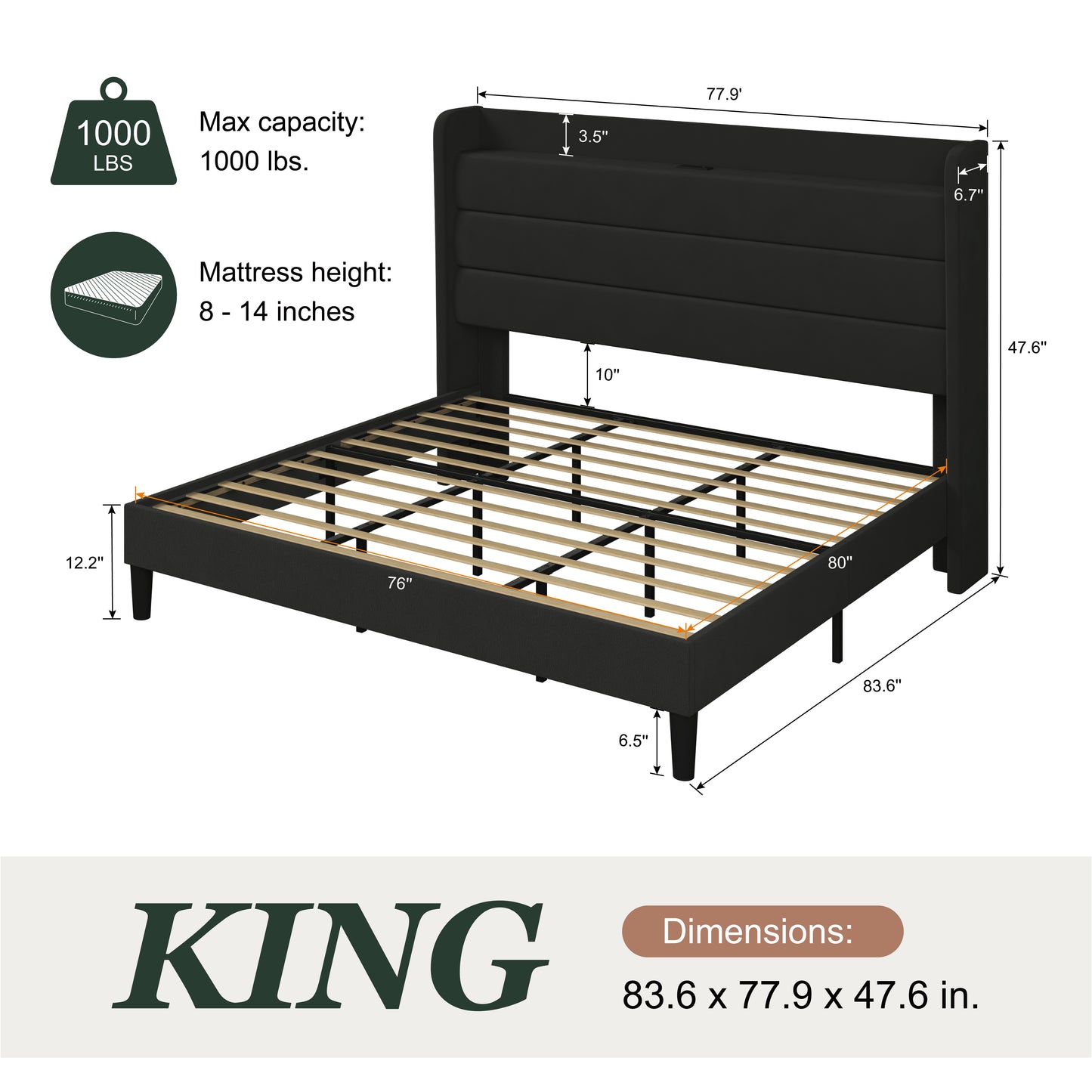Amolife Platform Bed Frame with Upholstered Velvet Wingback Slat Headboard & Built-In Charging Station