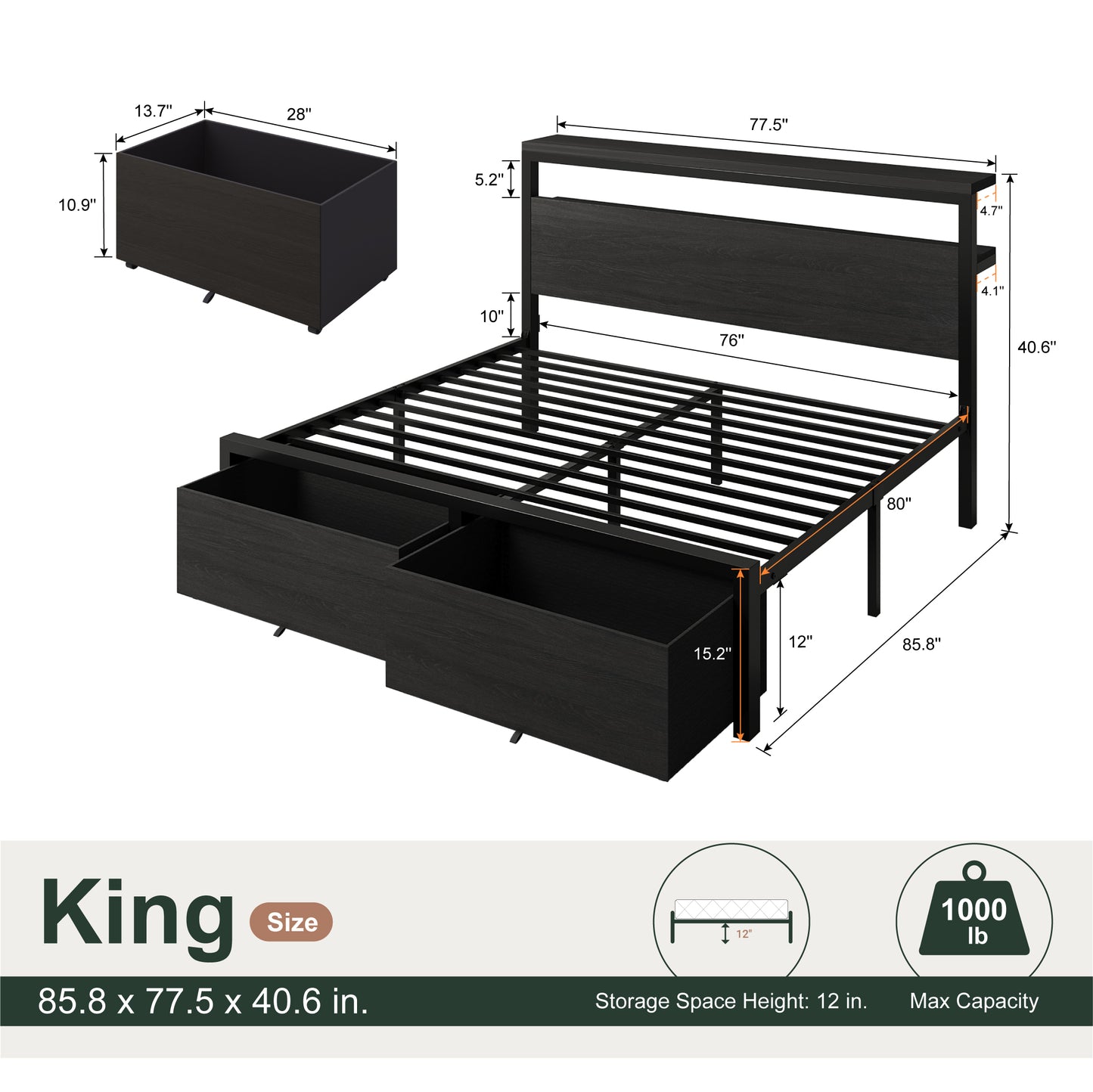Amolife Storage Bed Frame, 2 Storage Drawers, 2-Tier Shelf Wood Headboard with Charging Station & LED Light, Black