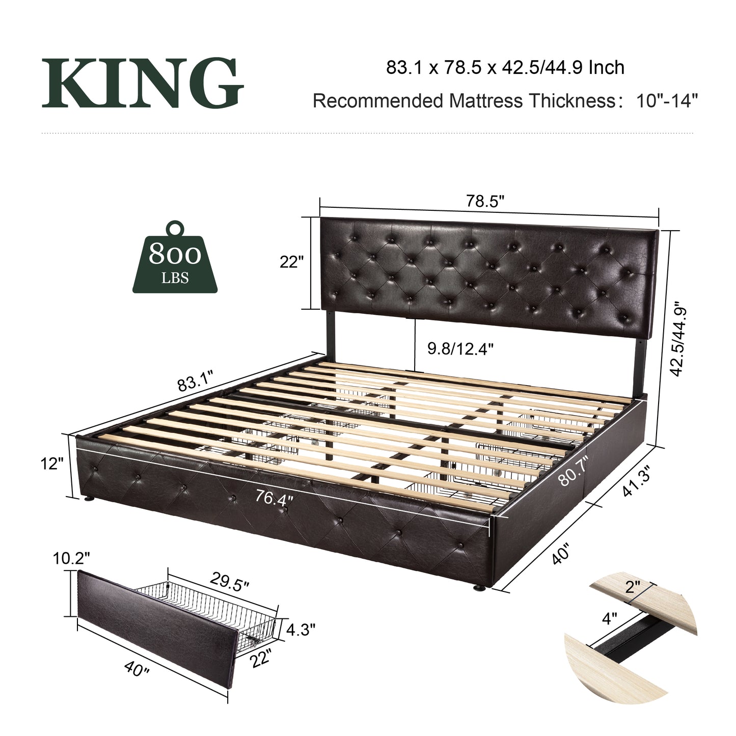 Amolife Faux Leather Platform Bed Frame with 4 Storage Drawers, Button Tufted Style Hedboard