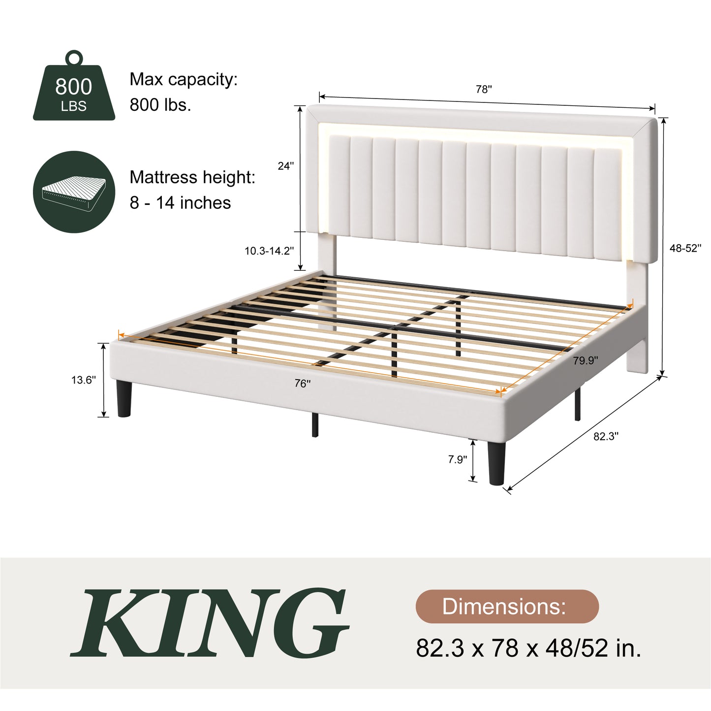 Amolife Bed Frame, Platform Bed with LED Light Velvet Vertical Channel Upholstered Headboard