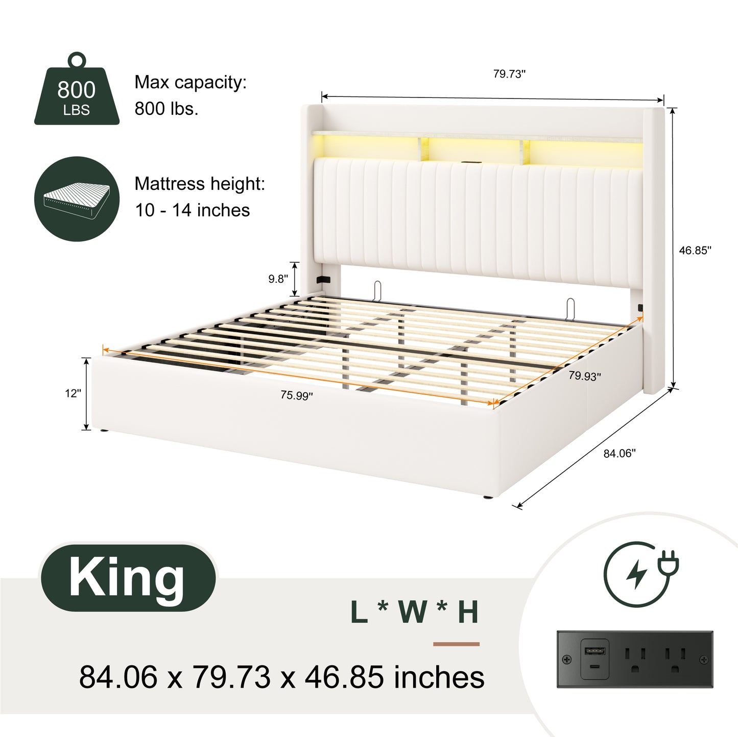 Amolife Hydraulic Lift-Up Storage Bed Frame, LED Headboard with Fast Charging (USB/Type-C), 2-Tier Shelves & Velvet Upholstered