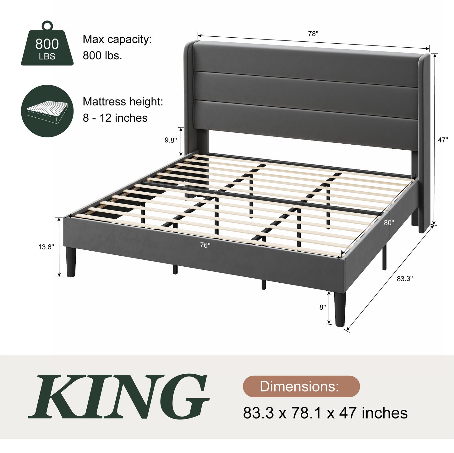 Amolife Platform Bed Frame with Velvet Upholstered Wingback Headboard